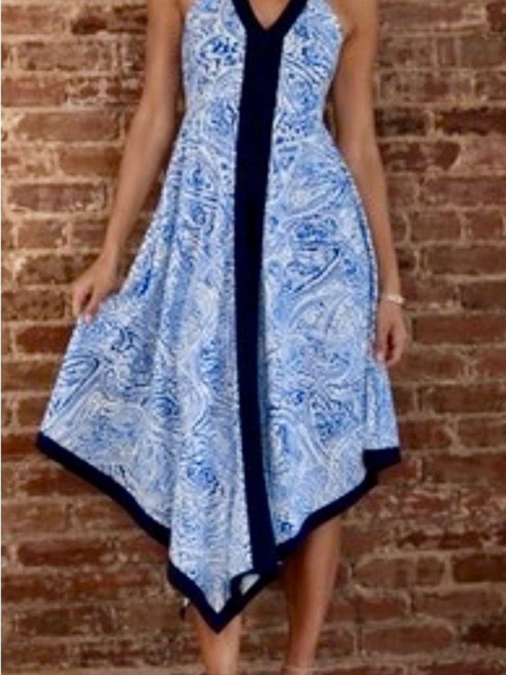 Carmen Marc Valvo Blue Paisley Asymmetrical Handkerchief Hem Dress